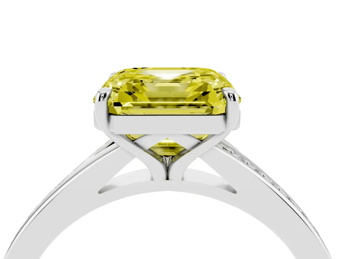 Fancy Yellow Asscher Cut Diamond Solitaire Ring with Pavé Band and Prong Setting Silver