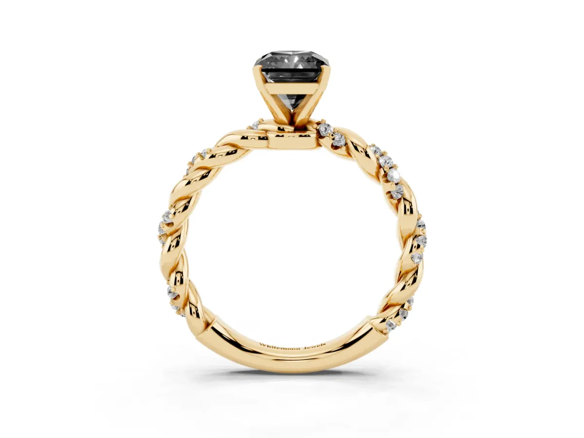 Fancy Black Radiant Cut Diamond Solitaire Ring with Twisted Band and Pavé Accents Yellow gold