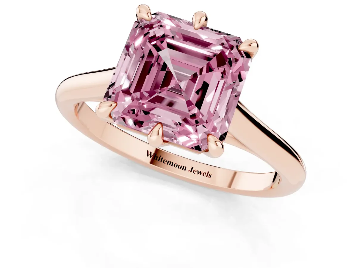 Fancy Pink Asscher Cut Solitaire Engagement Ring with Six-Prong Setting and Classic Band Rose gold