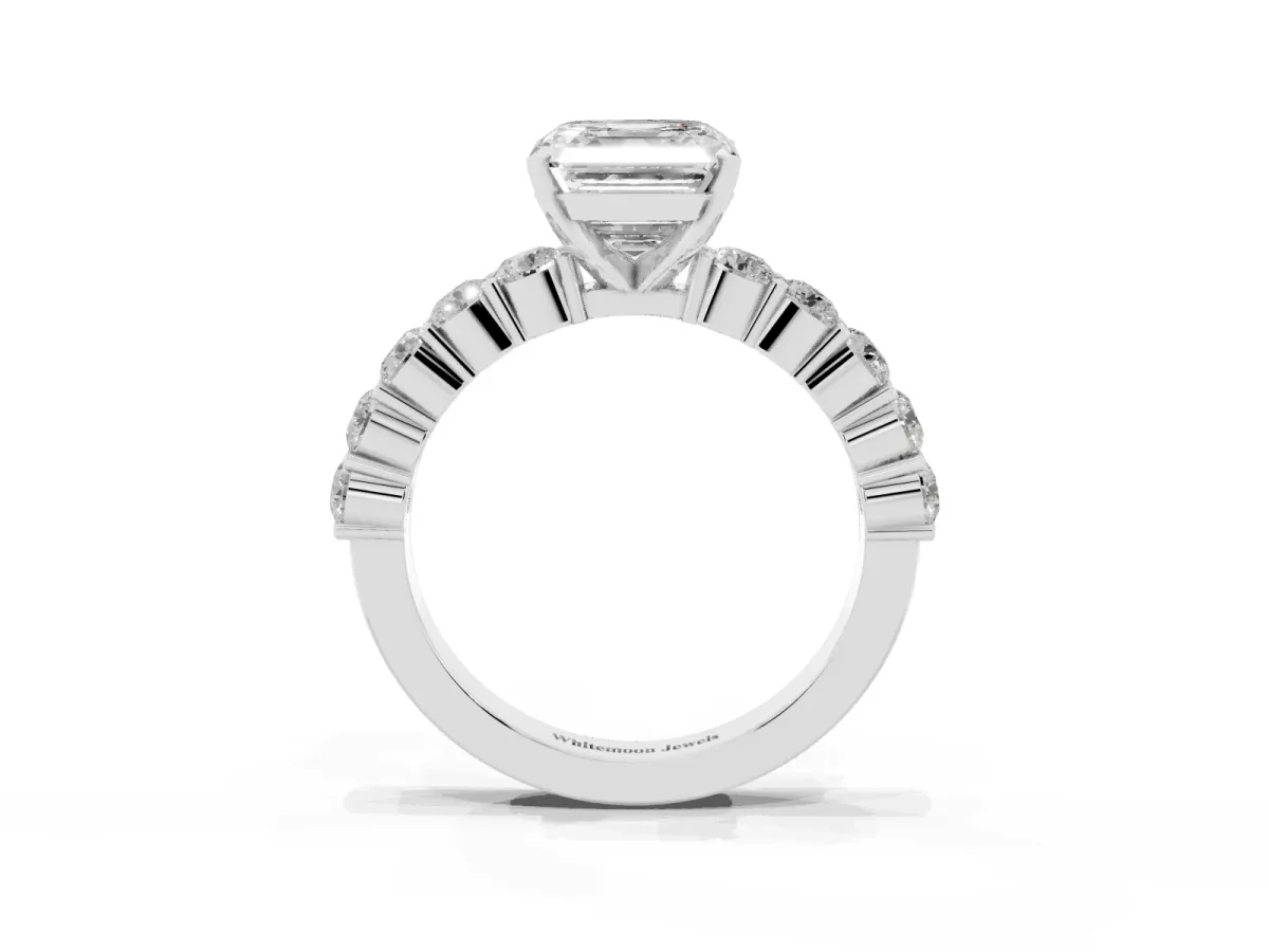 Asscher Cut Diamond Solitaire Ring with Shared Prong Round Side Stones Silver
