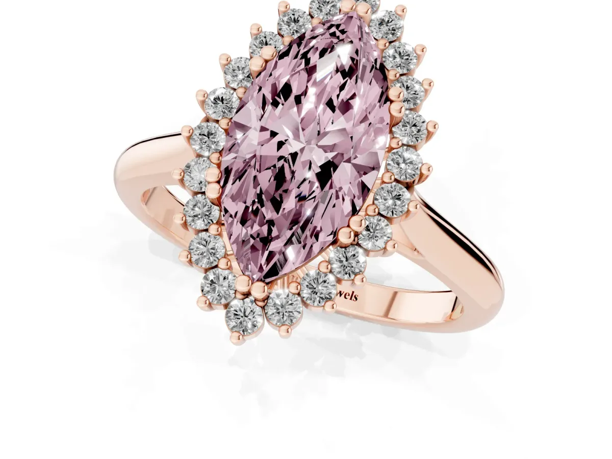Fancy Pink Marquise Cut Cut Diamond Halo Ring with Solitaire Band and Prong Setting Rose gold