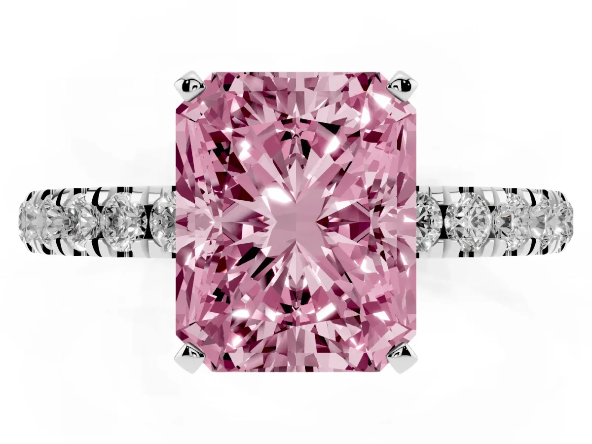 Fancy Pink Radiant Cut Diamond Solitaire Ring with Pavé Accents and Four-Prong Setting Platinum