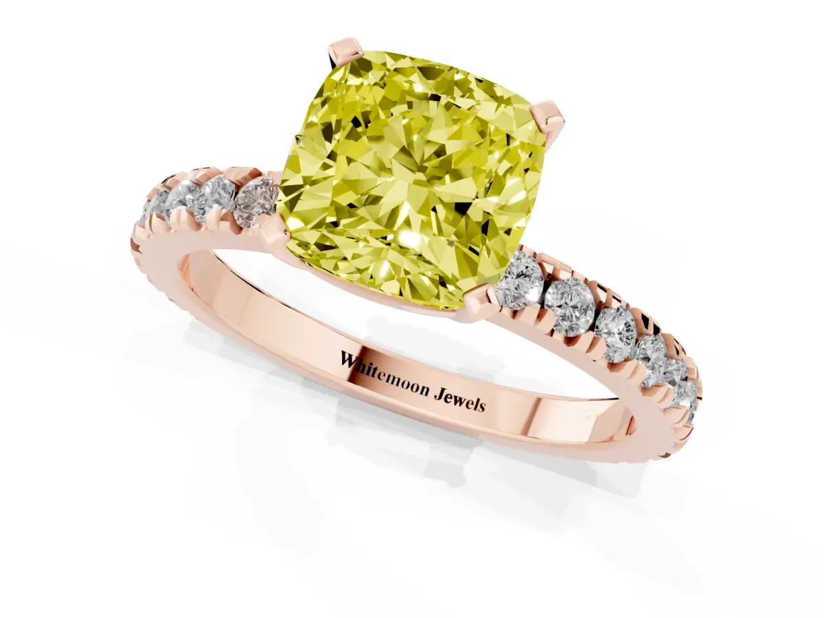 Fancy Yellow Cushion Cut Diamond Pavé Band Solitaire with Four-Prong Setting Rose gold