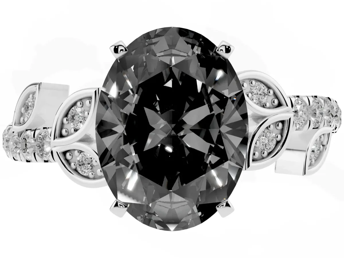 Fancy Black Oval Cut Solitaire Leaf-Inspired Diamond Ring with Pavé Band and Four-Prong Setting Silver