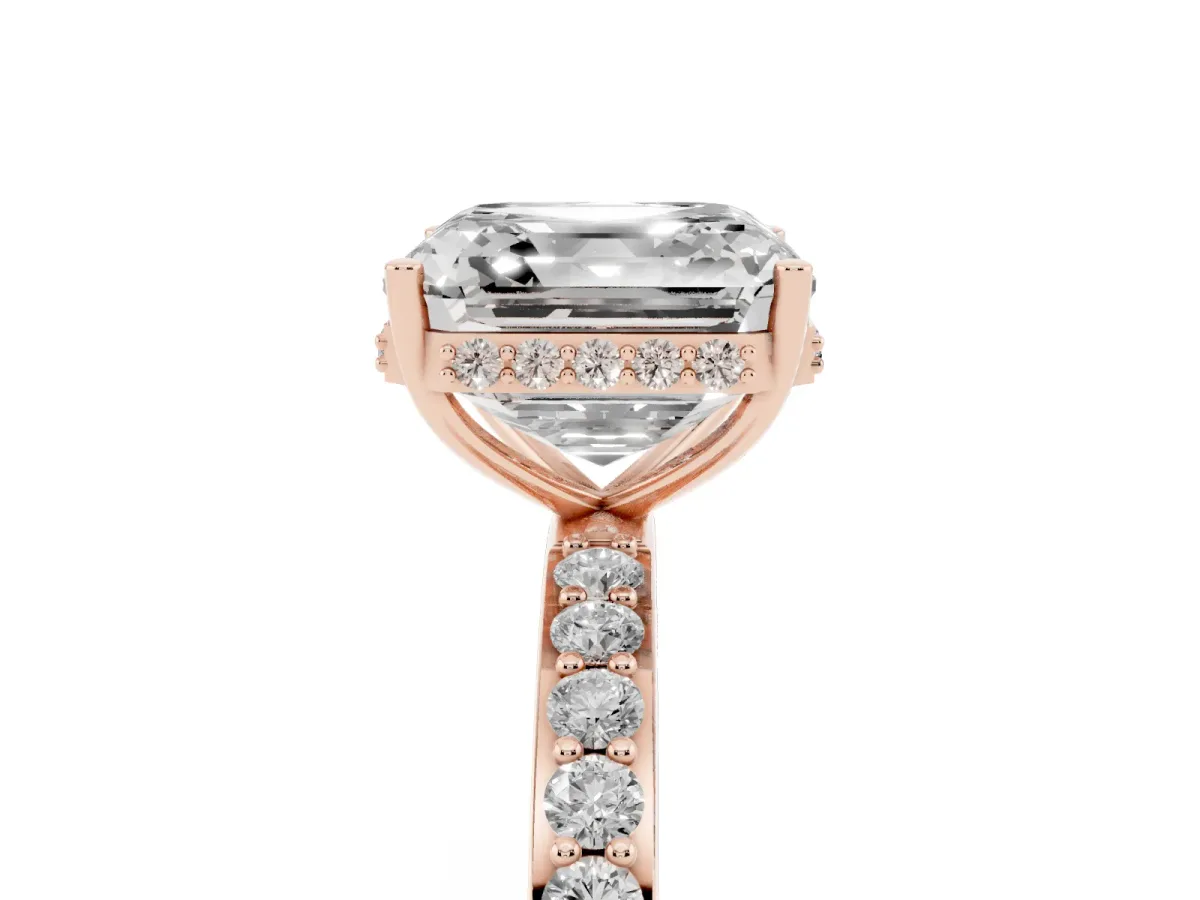 Asscher Cut Diamond Solitaire Ring with Pavé Band and Hidden Halo Rose gold