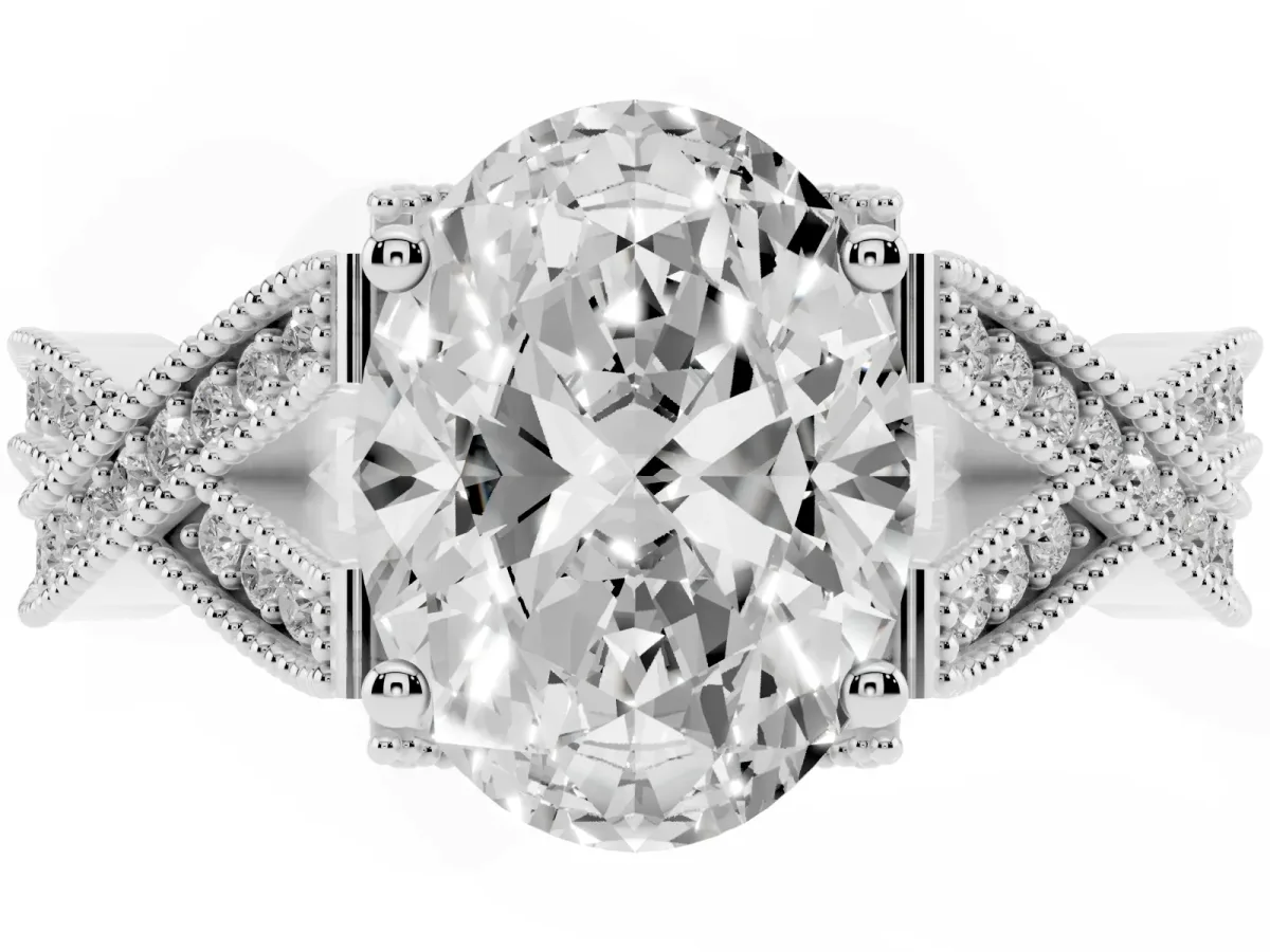 Oval Cut Cut Diamond Twisted Band with Milgrain Pave Setting and Four-Prong Setting Silver