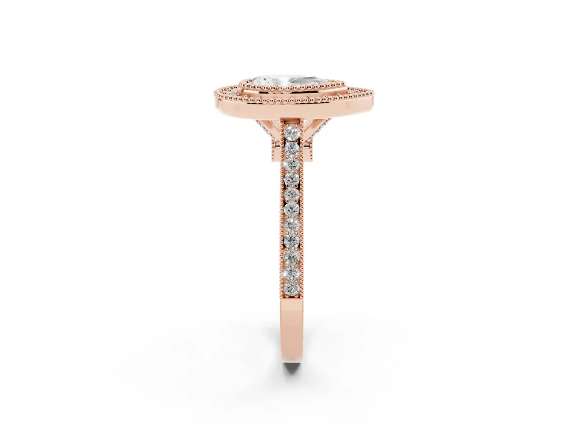 Pear Cut Diamond Halo Ring with Milgrain Frame and Pavé Band Rose gold