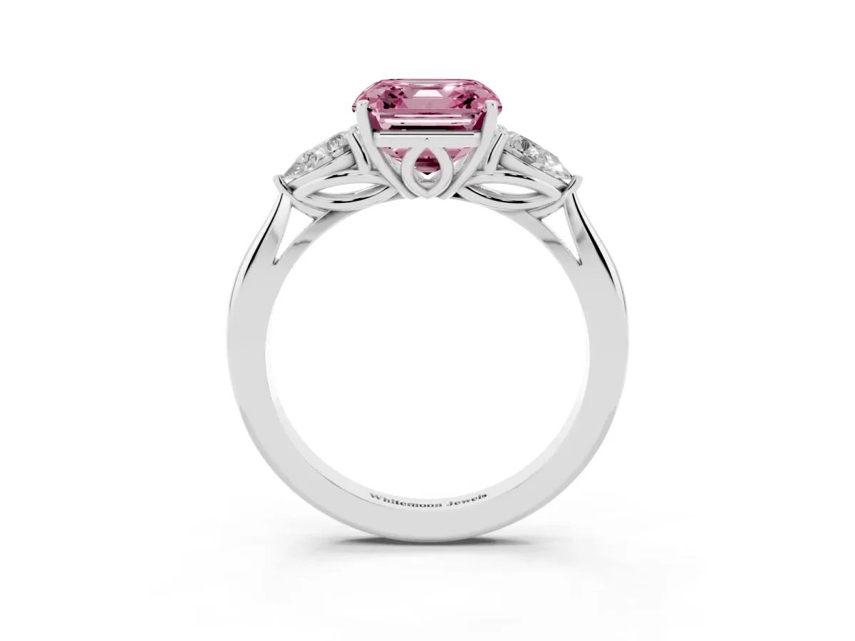 Fancy Pink Asscher Cut Diamond Three-Stone Ring with Pear Side Stones and Prong Setting Platinum