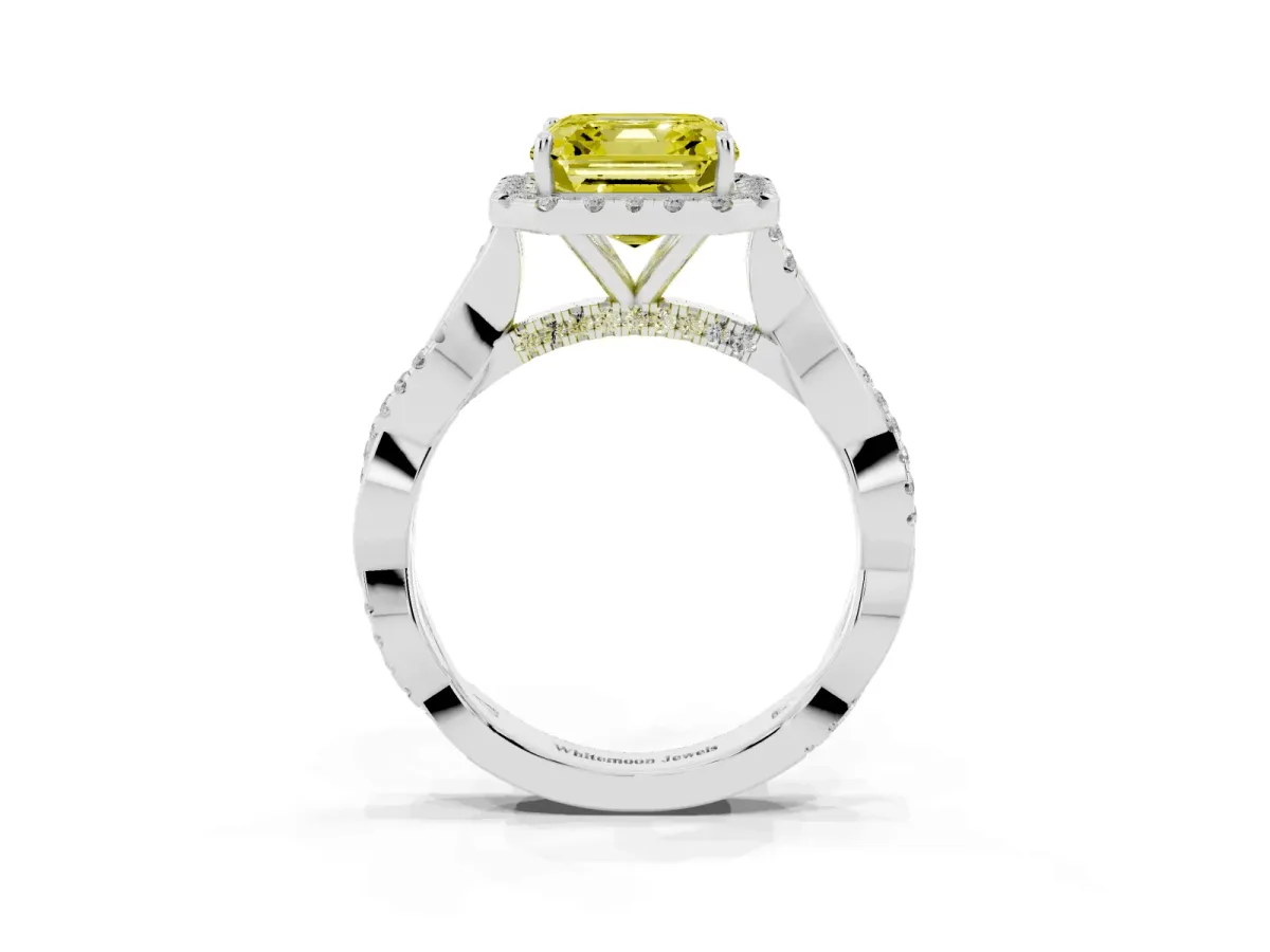 Fancy Yellow Asscher Cut Halo Twist Band Solitaire Ring Silver