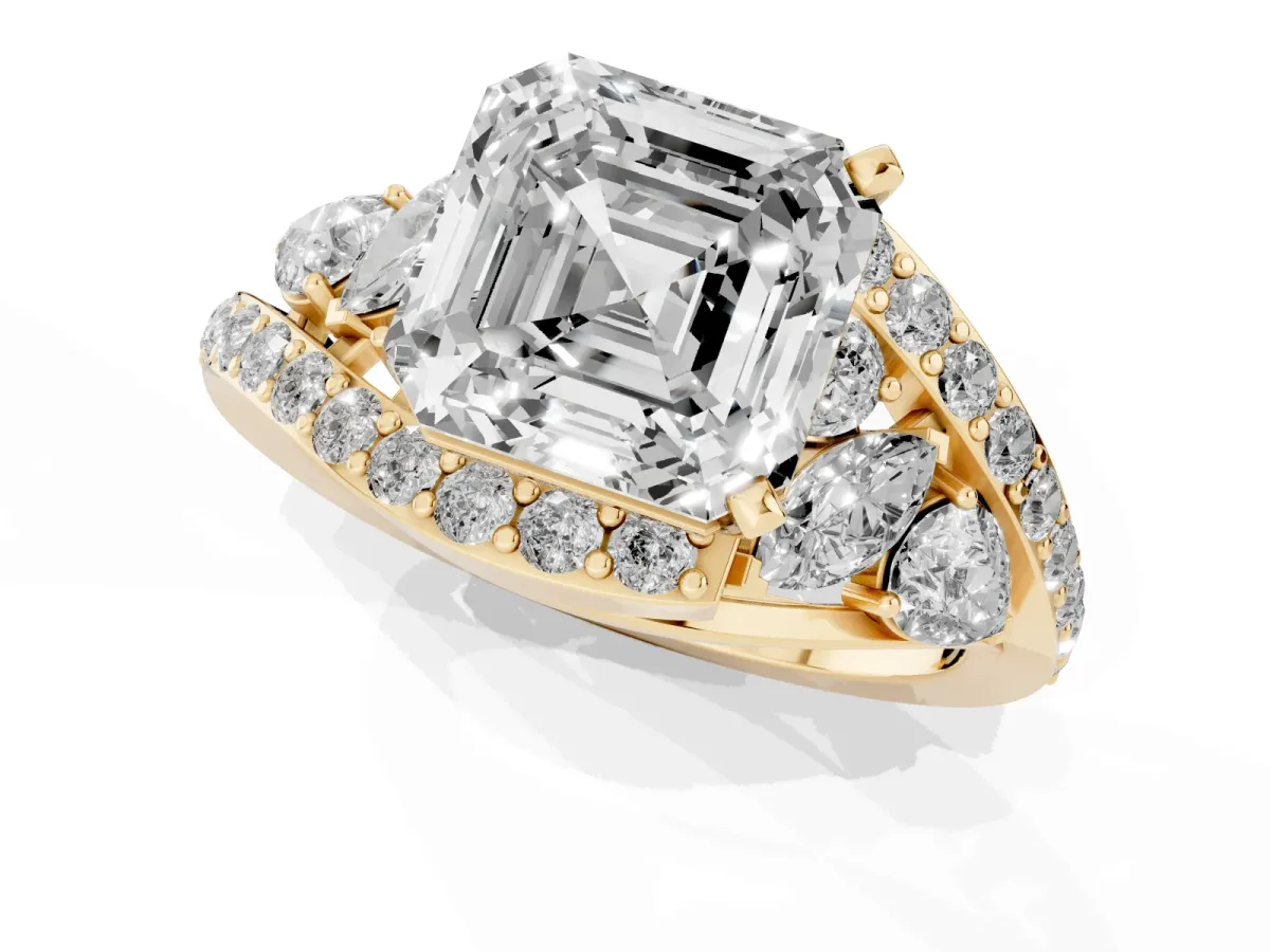 Asscher Cut Diamond Halo Ring with Marquise and Pavé Band in Prong Setting Yellow gold