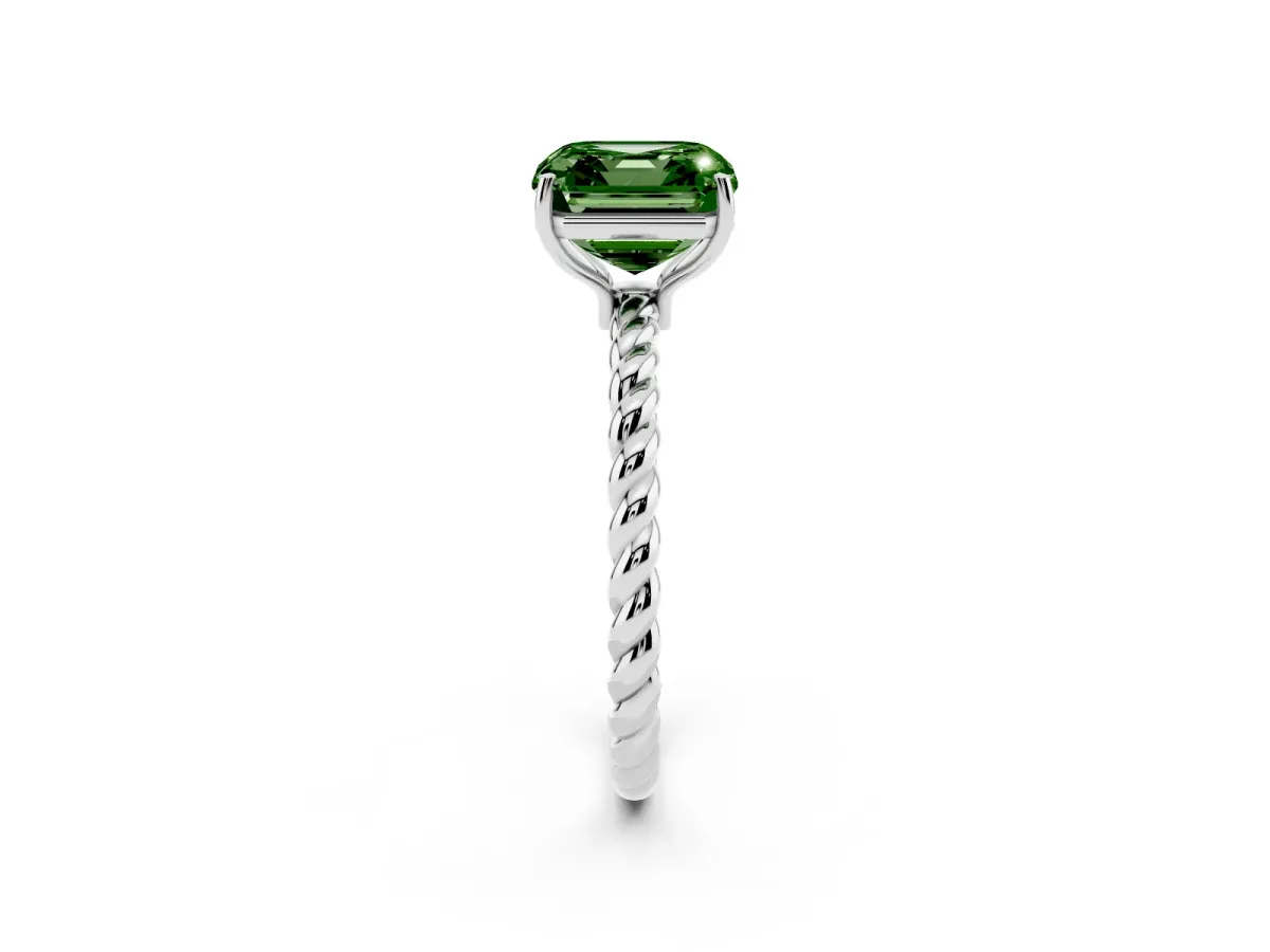 Fancy Green Asscher Cut Solitaire Twist Band Ring with Four-Prong Setting Silver
