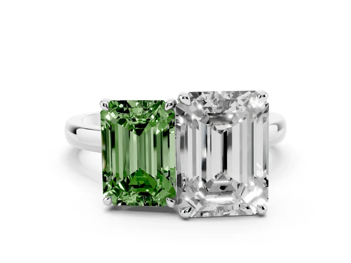 Fancy Green Emerald Cut and Emerald Cut Toi Moi Ring with Prong Setting Platinum
