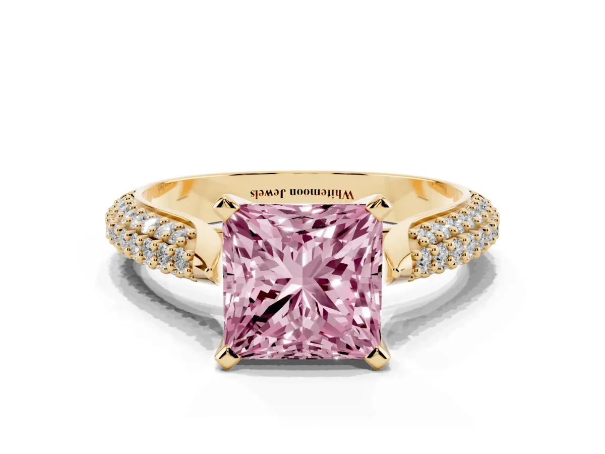 Fancy Pink Princess Cut Diamond Solitaire Engagement Ring with Multi-Row Round Pavé Band and Prong Setting Yellow gold