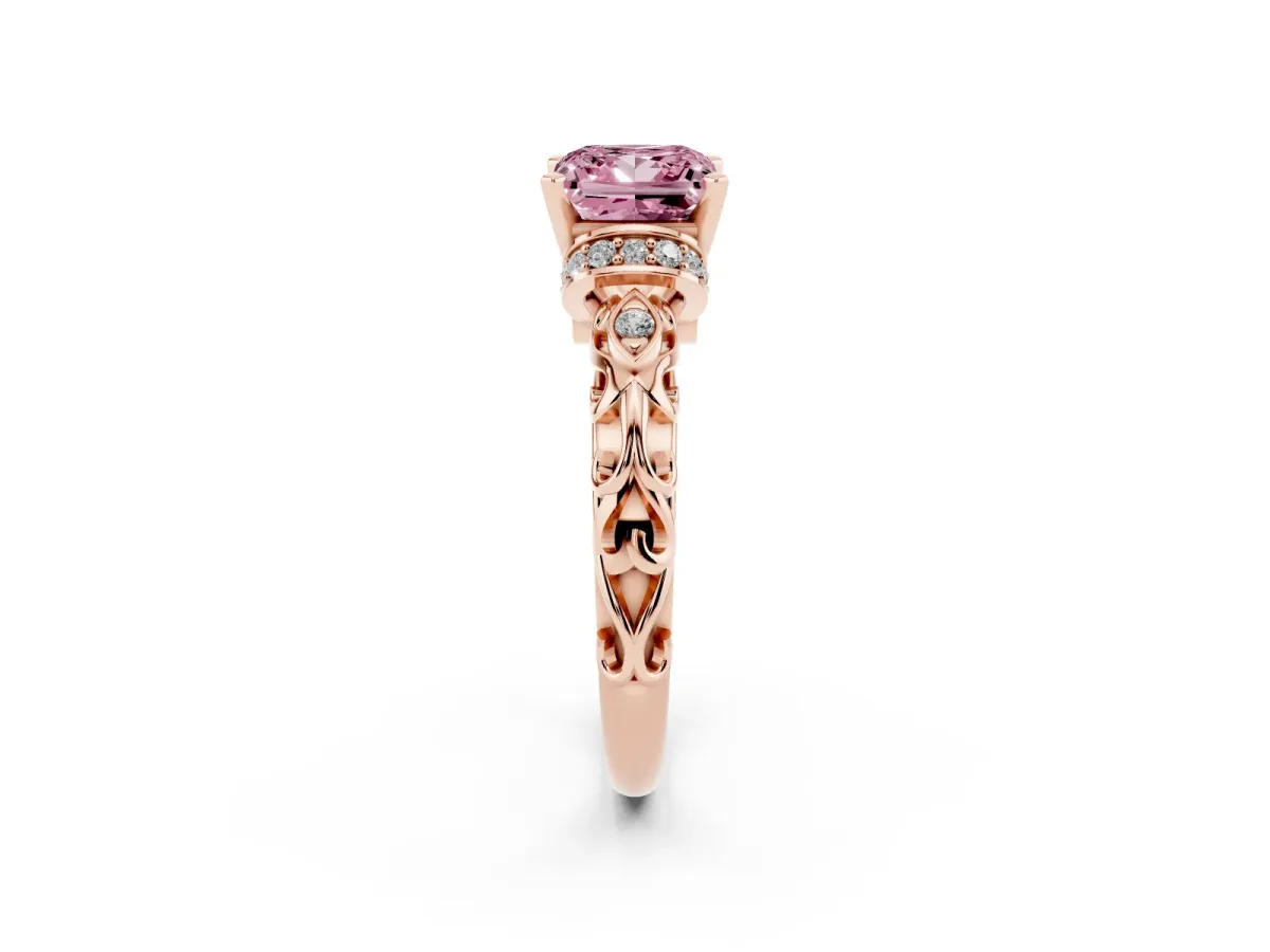 Fancy Pink Princess Cut Diamond Solitaire Ring with Filigree Band and Four-Prong Setting Rose gold