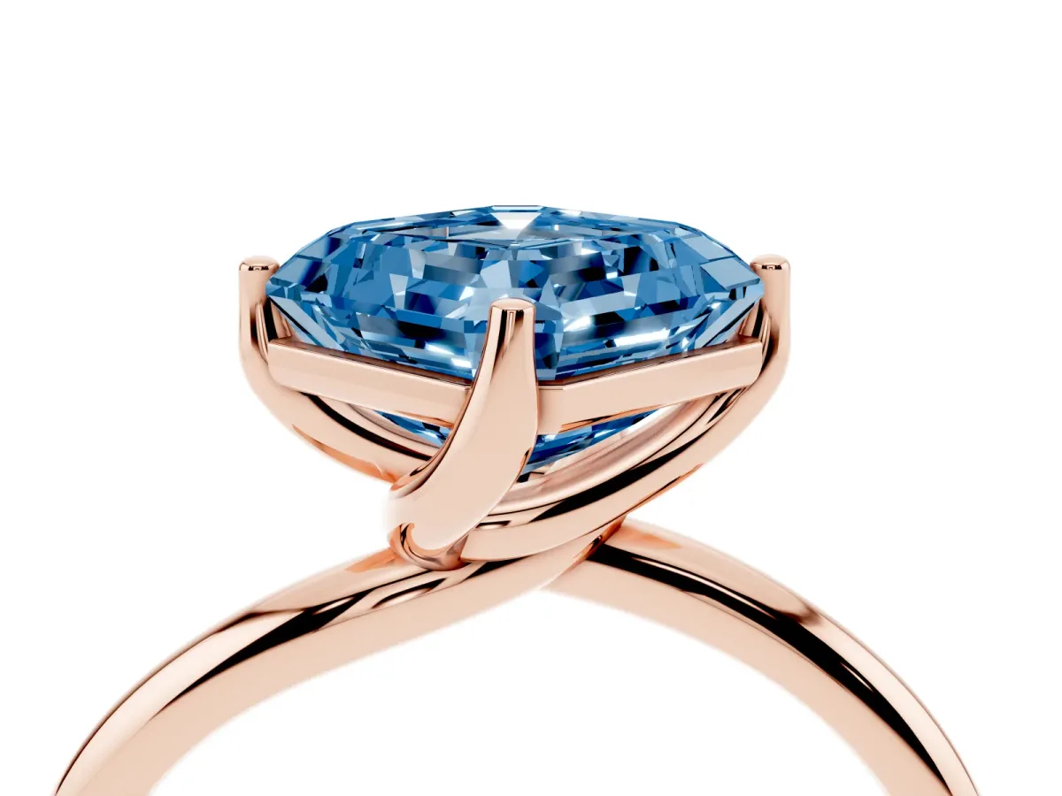 Fancy Blue Asscher Cut Diamond Solitaire Engagement Ring with Four-Prong Setting and Classic Band Rose gold