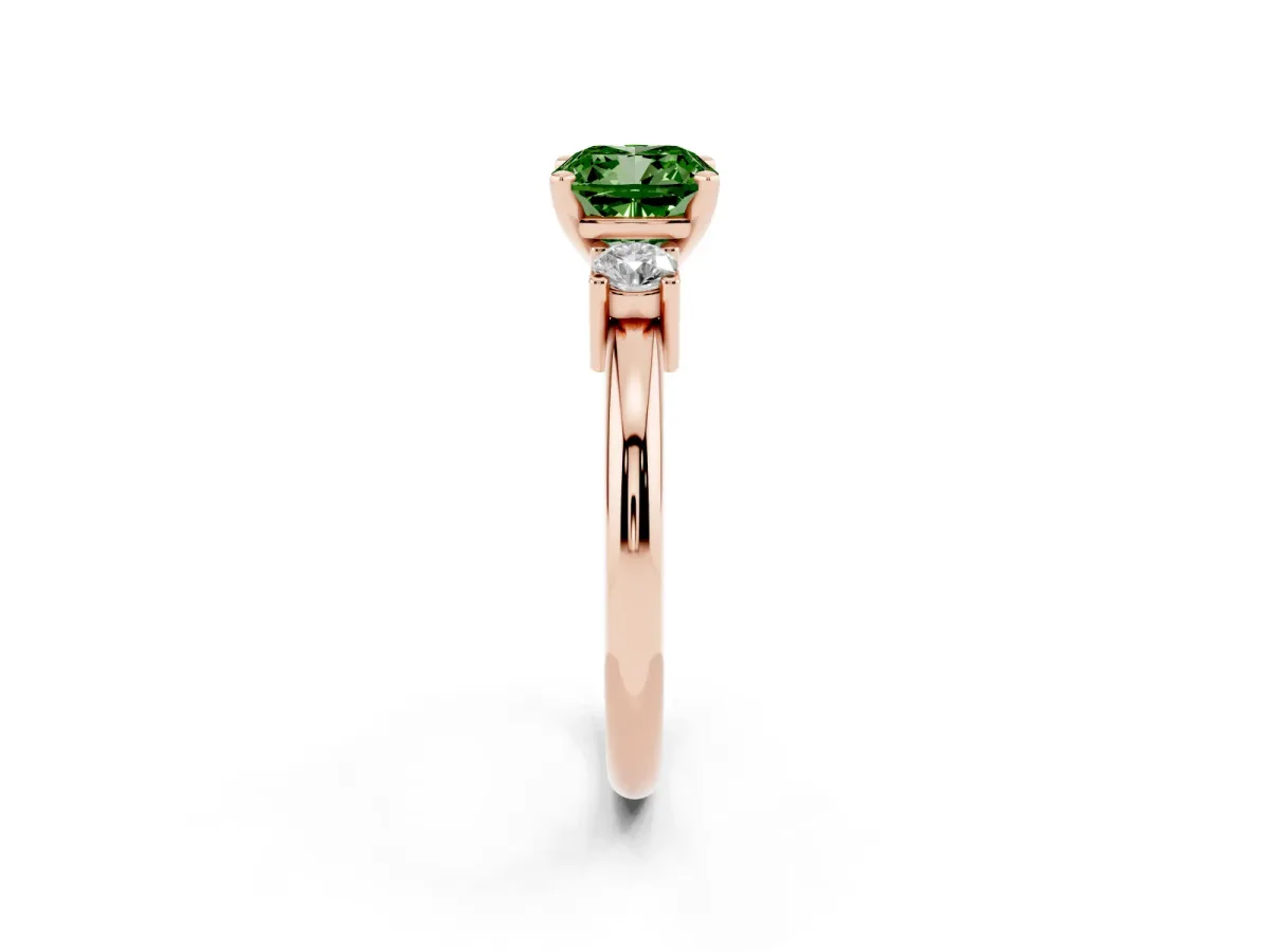 Fancy Green Three-Stone Cushion Cut Cut Diamond Solitaire with Prong Setting and Classic Band Rose gold