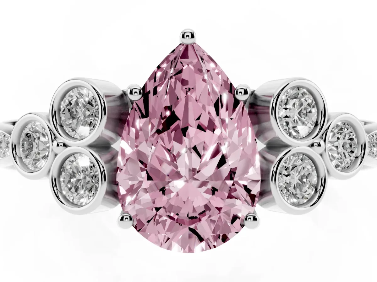 Fancy Pink Pear Cut Cut Diamond Engagement Ring with Bezel Set Round Side Stones and Prong Setting Silver