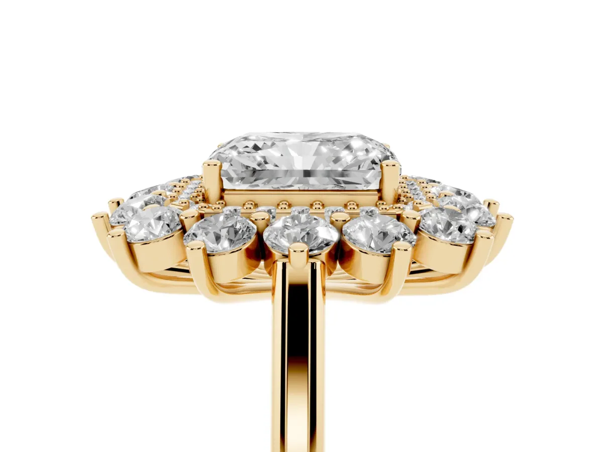 Radiant Cut Diamond Floral Double Halo Engagement Ring with Prong Setting Yellow gold