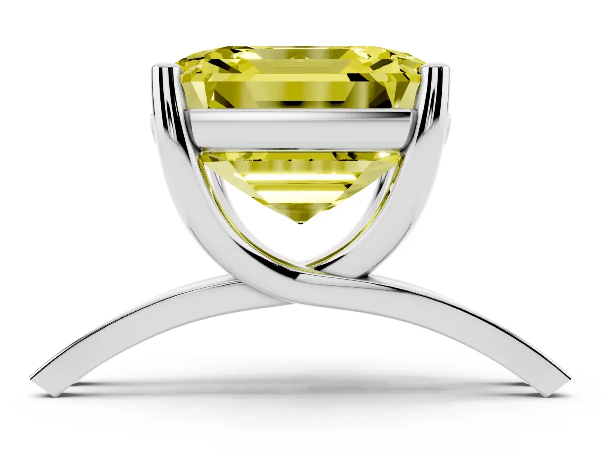 Fancy Yellow Asscher Cut Cut Diamond Solitaire Engagement Ring with Tapered Plain Band and Four-Prong Setting Silver