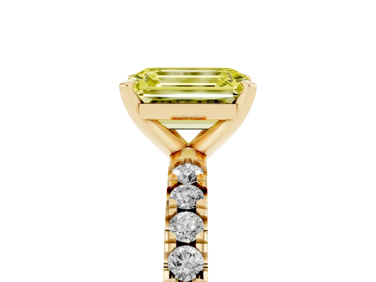 Fancy Yellow Emerald Cut Diamond Pavé Band Solitaire with Four-Prong Setting Yellow gold