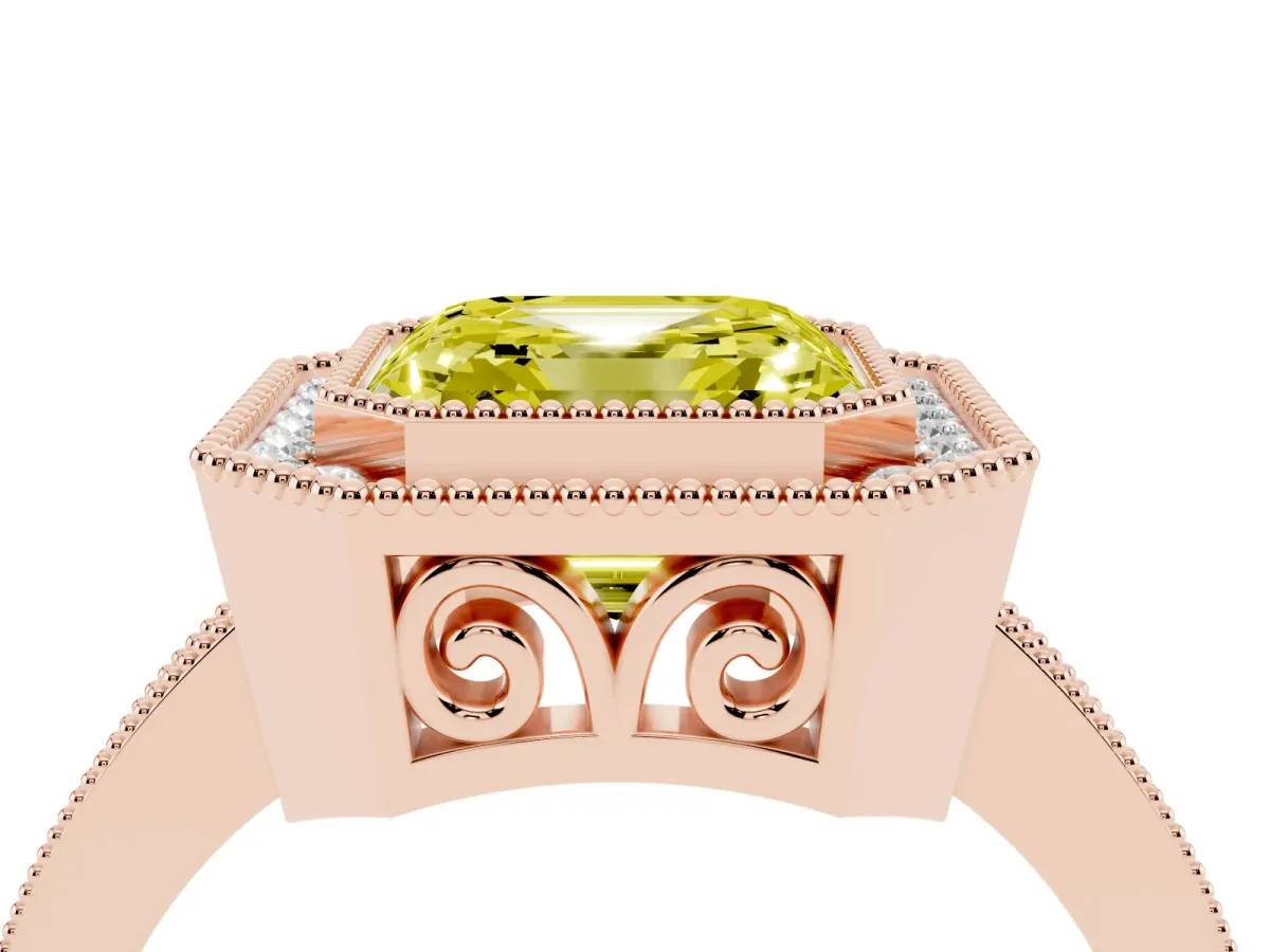 Fancy Yellow Asscher Cut Cut Halo Diamond Ring with Pavé Band and Milgrain Prong Setting Rose gold