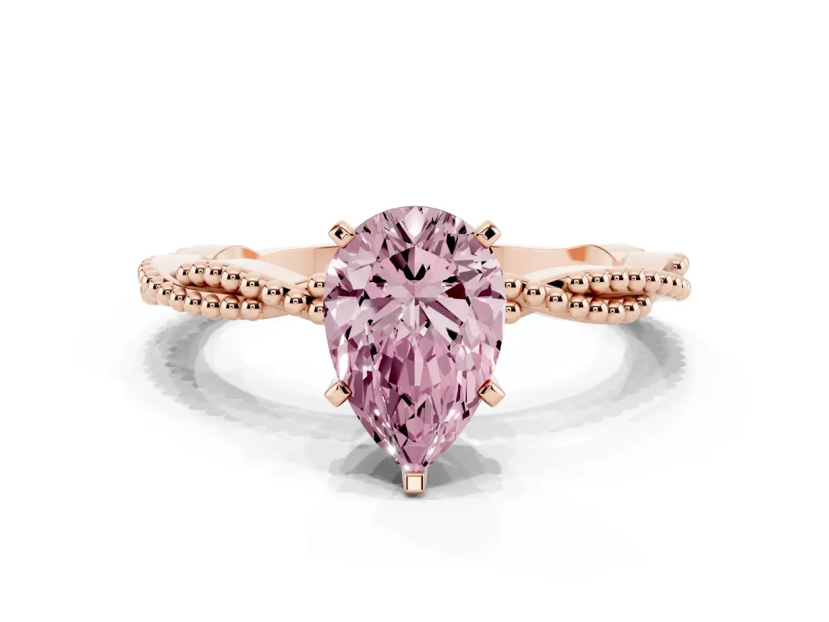 Fancy Pink Pear Cut Solitaire Twisted Band with Bead Prong Setting Rose gold
