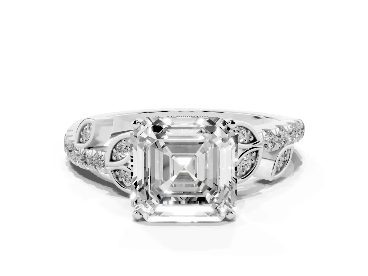 Asscher Cut Solitaire Leaf-Inspired Diamond Ring with Pavé Band and Four-Prong Setting Silver