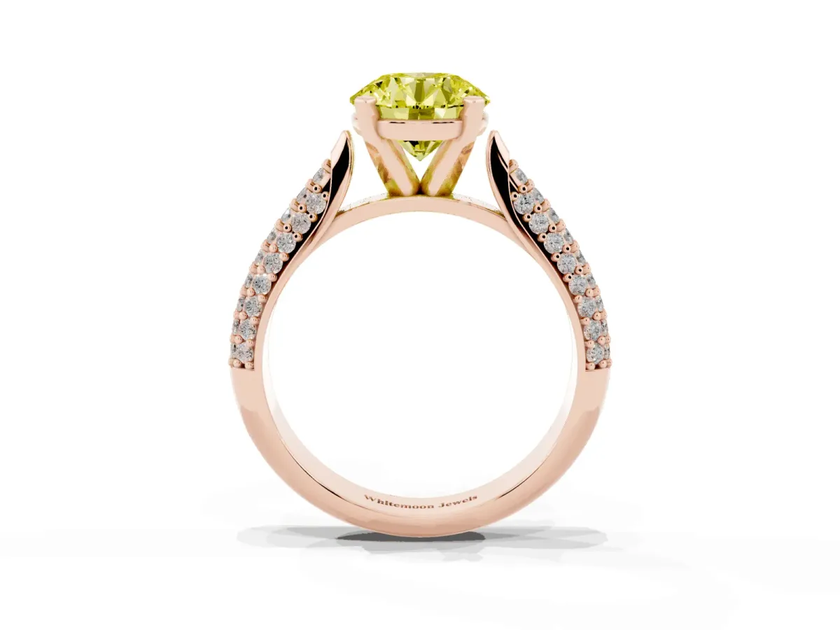 Fancy Yellow Round Cut Diamond Solitaire Engagement Ring with Multi-Row Round Pavé Band and Prong Setting Rose gold