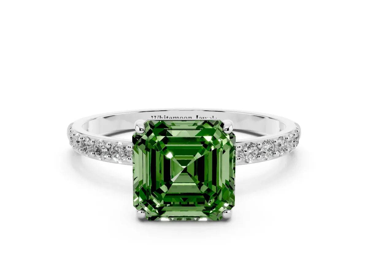 Fancy Green Asscher Cut Diamond Solitaire Ring with Round Pavé Shoulders and Prong Setting Silver