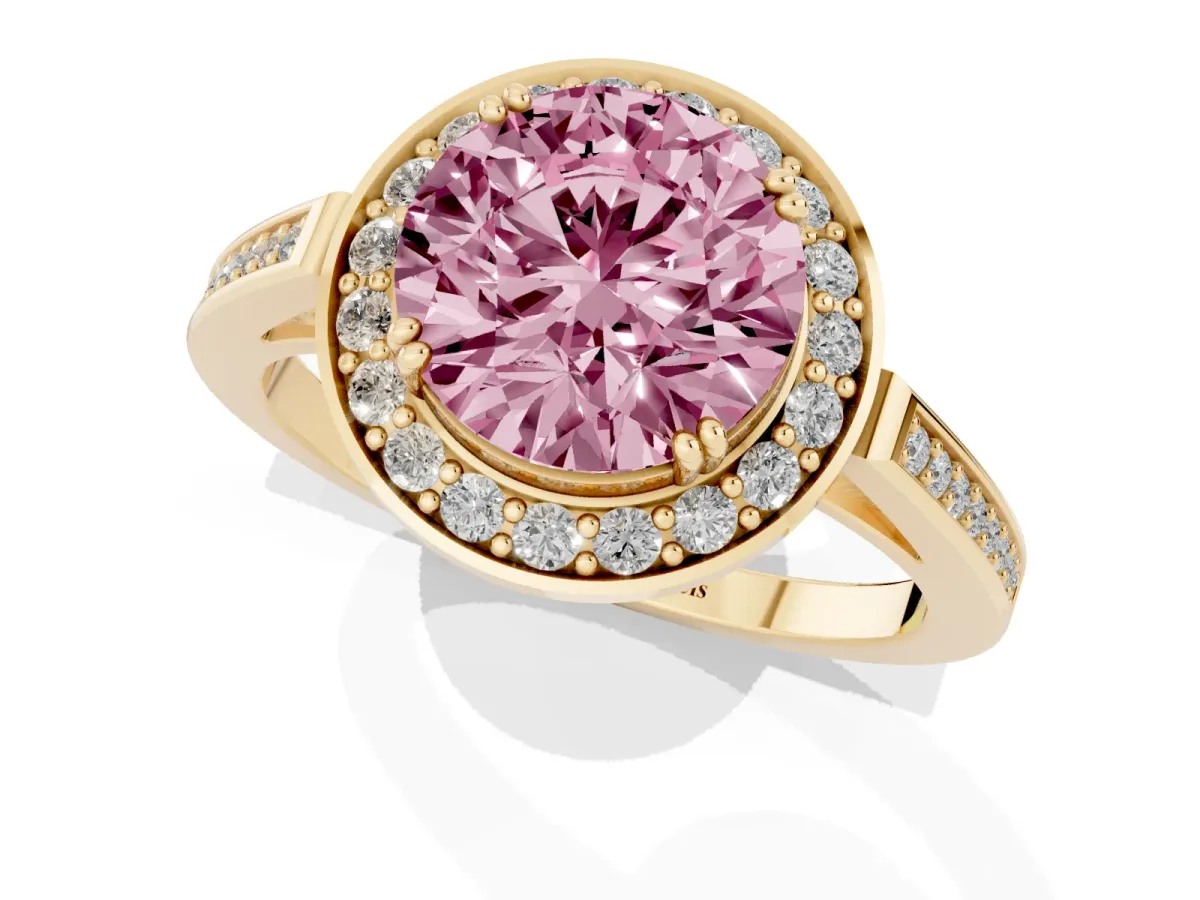 Fancy Pink Round Cut Diamond Halo Ring with Split Shank and Four-Prong Setting Yellow gold