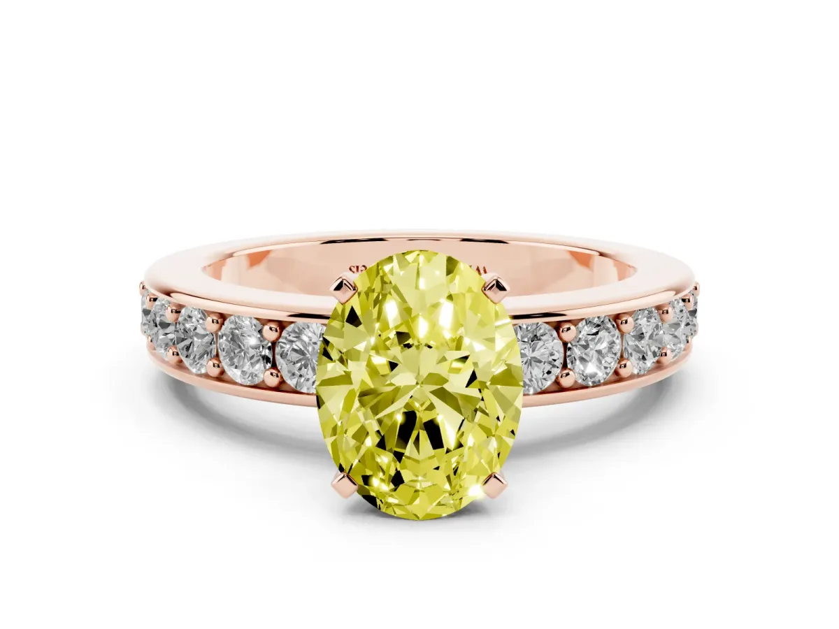 Fancy Yellow Oval Cut Diamond Engagement Ring with Channel Set Round Band and Prong Setting Rose gold