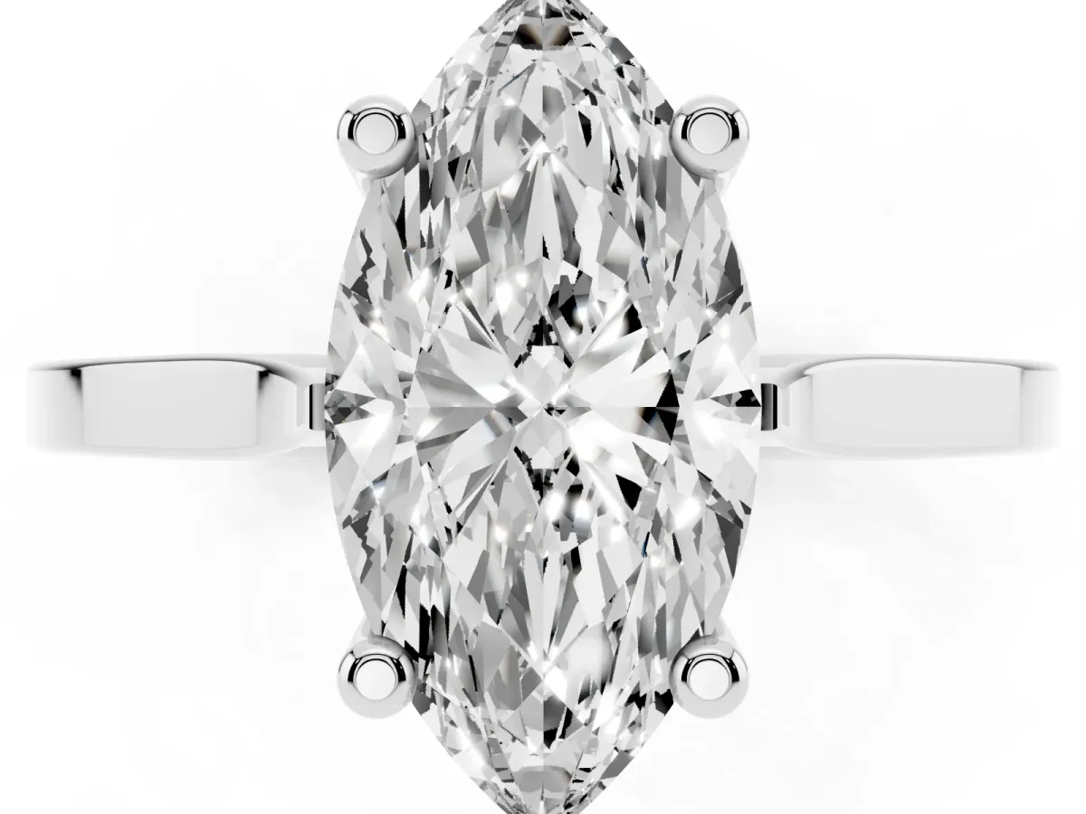 Marquise Cut Solitaire Diamond Ring with Four-Prong Setting and Tapered Band Platinum