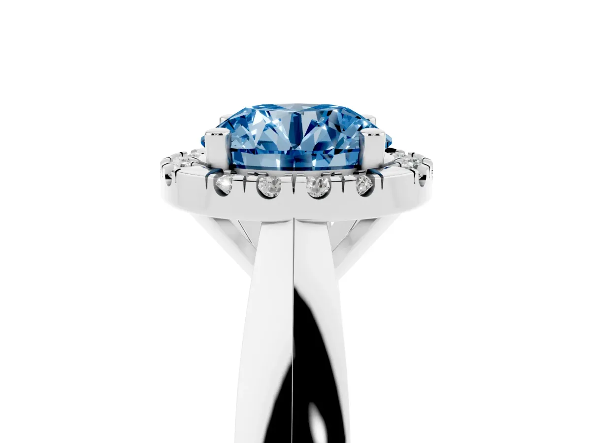 Fancy Blue Round Cut Cut Halo Solitaire Engagement Ring with Square Band and Four-Prong Setting Silver