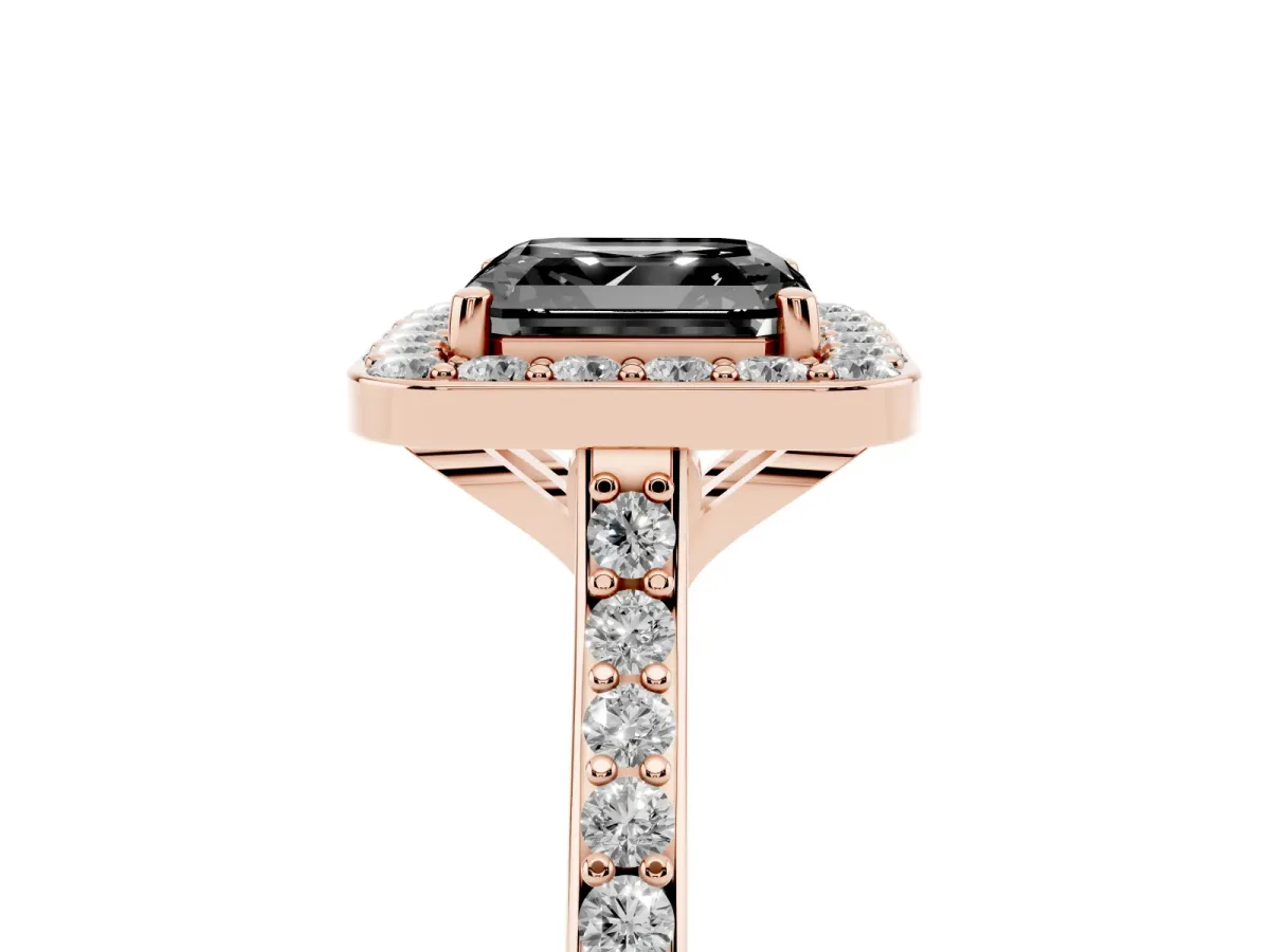 Fancy Black Asscher Cut Diamond Halo Engagement Ring with Round Pavé Shoulders and Prong Setting Rose gold
