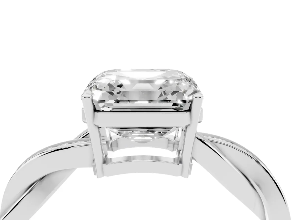 Asscher Cut Solitaire Twisted Pave Diamond Ring with Four-Prong Setting Platinum