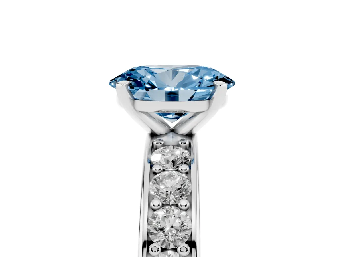 Fancy Blue Oval Cut Diamond Engagement Ring with Channel Set Round Band and Prong Setting Silver
