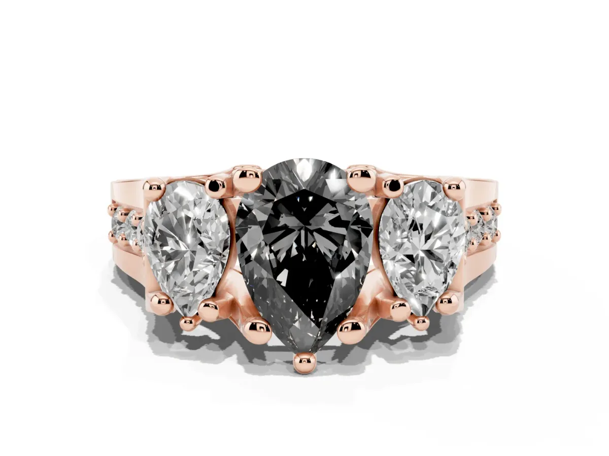 Fancy Black Pear Cut Diamond Three-Stone Ring with Channel Set Band and Four-Prong Setting Rose gold