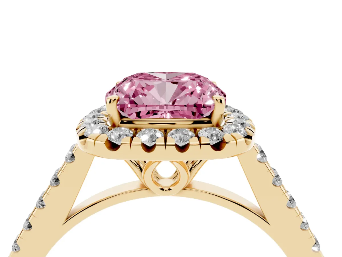Fancy Pink Cushion Cut Halo Pavé Diamond Engagement Ring with Four-Prong Setting Yellow gold