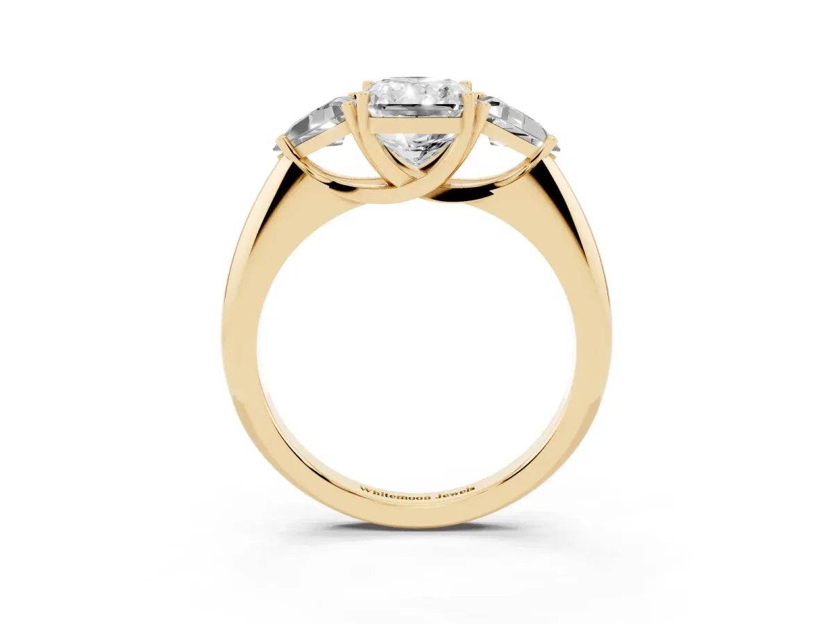 Three-Stone Radiant Cut Diamond Engagement Ring with Trillion Side Stones and Prong Setting Yellow gold