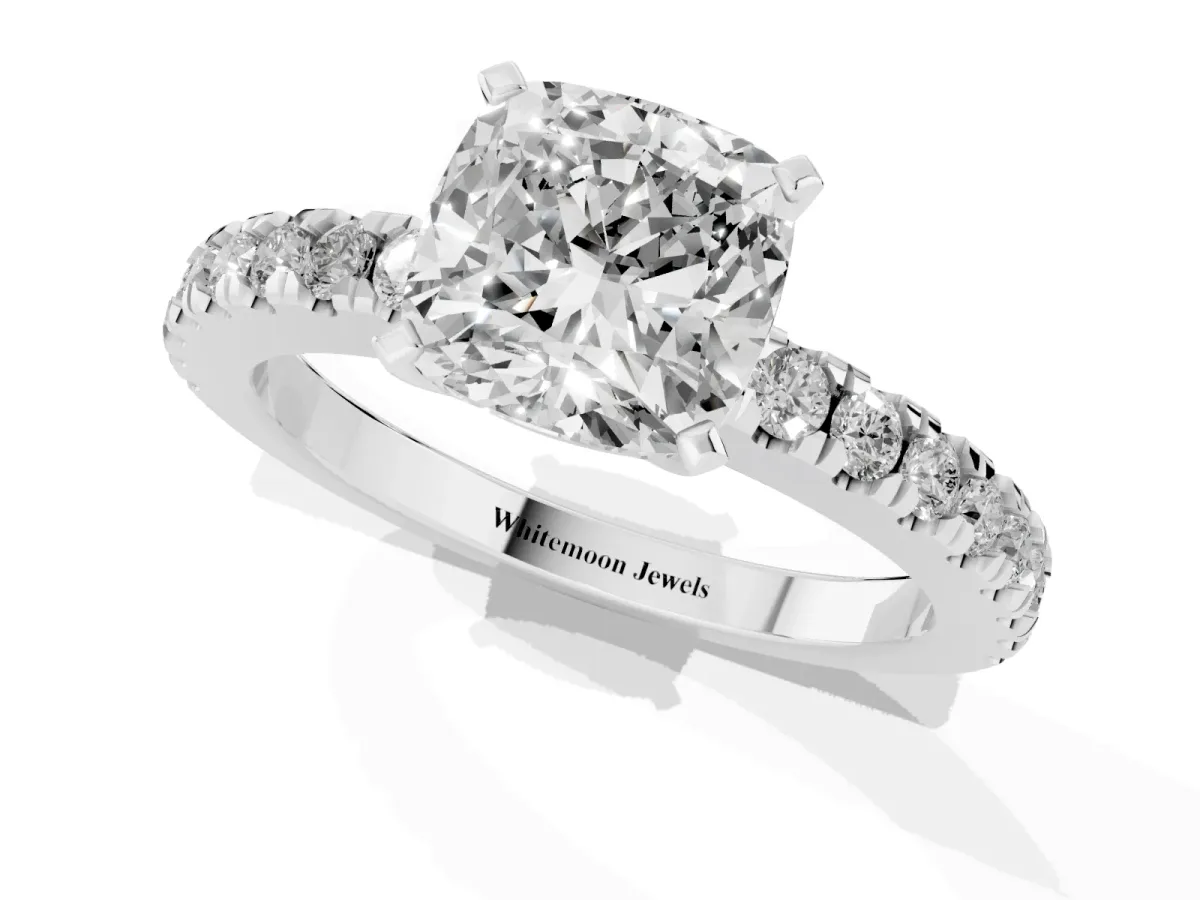 Cushion Cut Solitaire Diamond with Pavé Band and Four-Prong Setting Silver