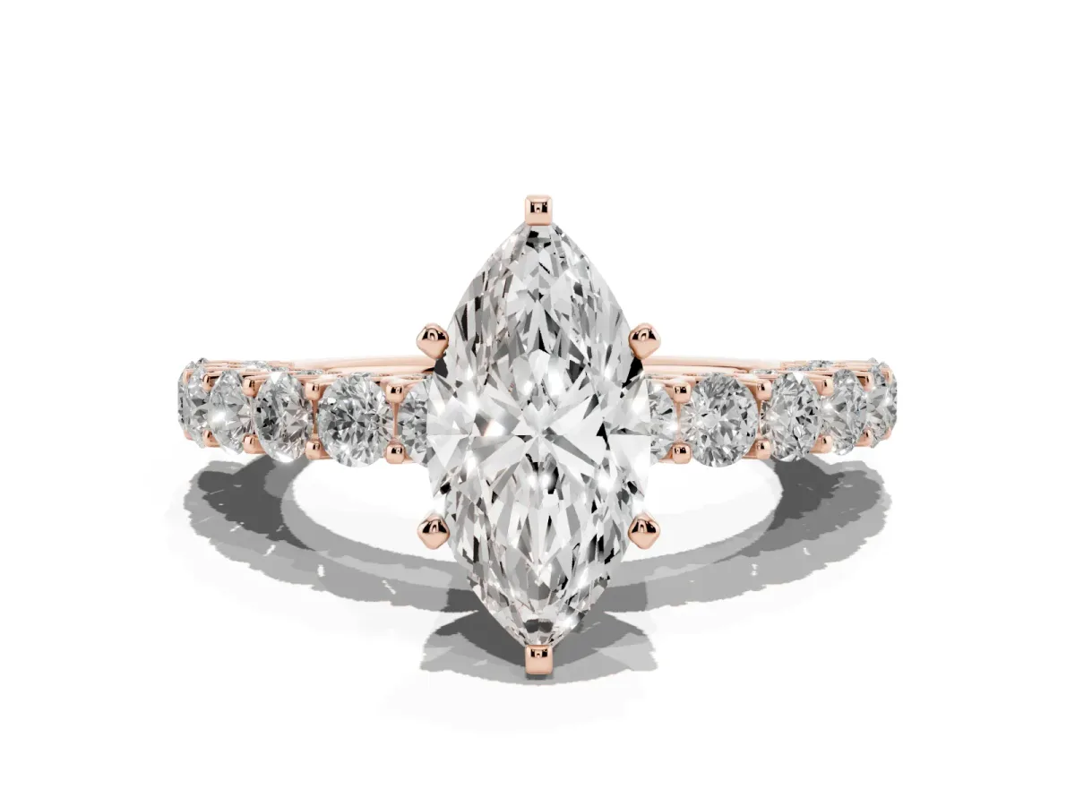 Marquise Cut Diamond Solitaire Ring with Shared Prong Pavé Band and Four-Prong Setting Rose gold