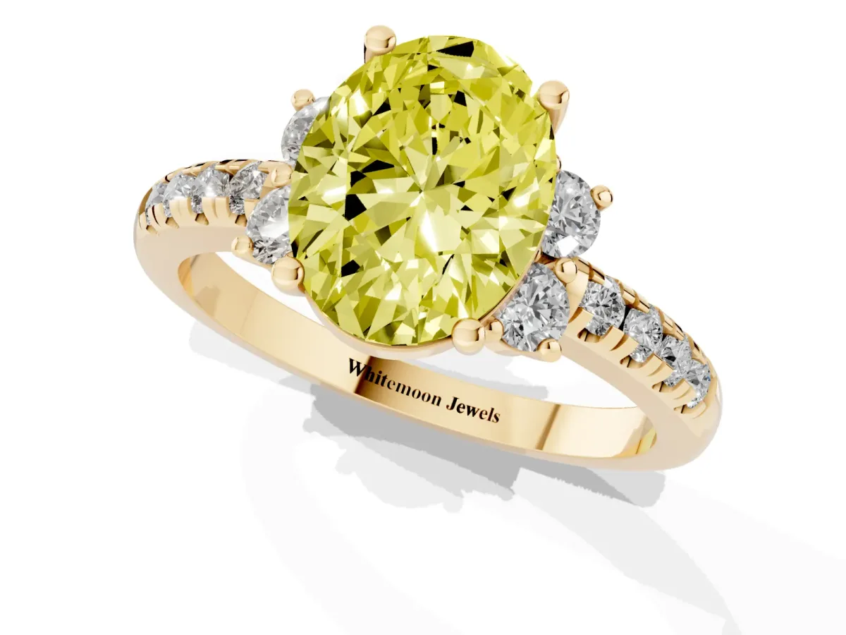 Fancy Yellow Oval Cut Diamond Three-Stone Pave Band with Four-Prong Setting Yellow gold