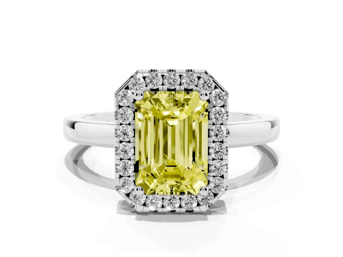 Fancy Yellow Emerald Cut Halo Diamond Solitaire with Pavé Band and Four-Prong Setting Platinum