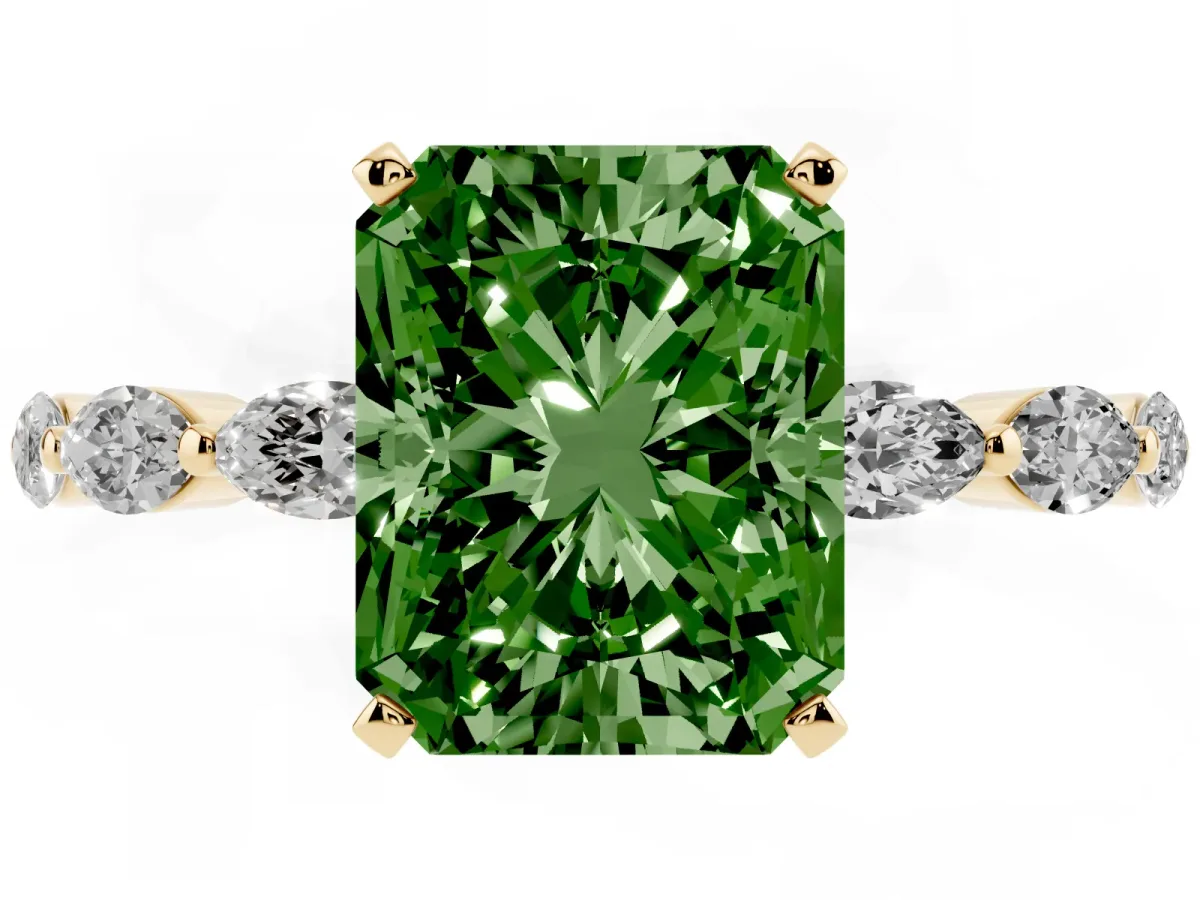 Fancy Green Radiant Cut Diamond Ring with Marquise Side Stones and Prong Setting Yellow gold