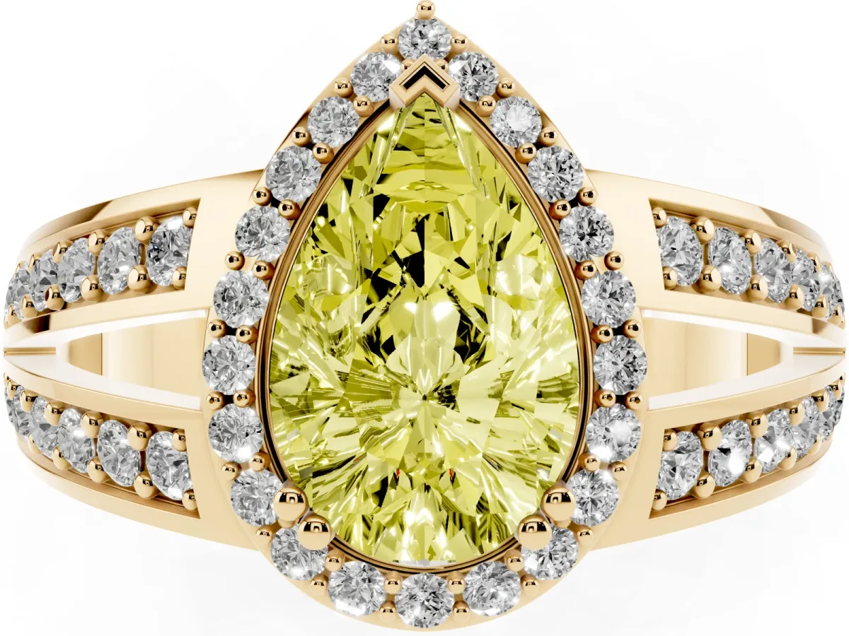 Fancy Yellow Pear Cut Diamond Halo Ring with Split Shank Pavé Band and Four-Prong Setting Yellow gold