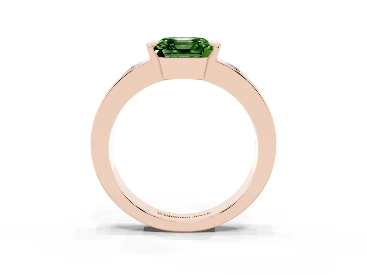 Fancy Green Asscher Cut Brilliant Channel-Set Diamond Ring with Bezel Prong Setting Rose gold