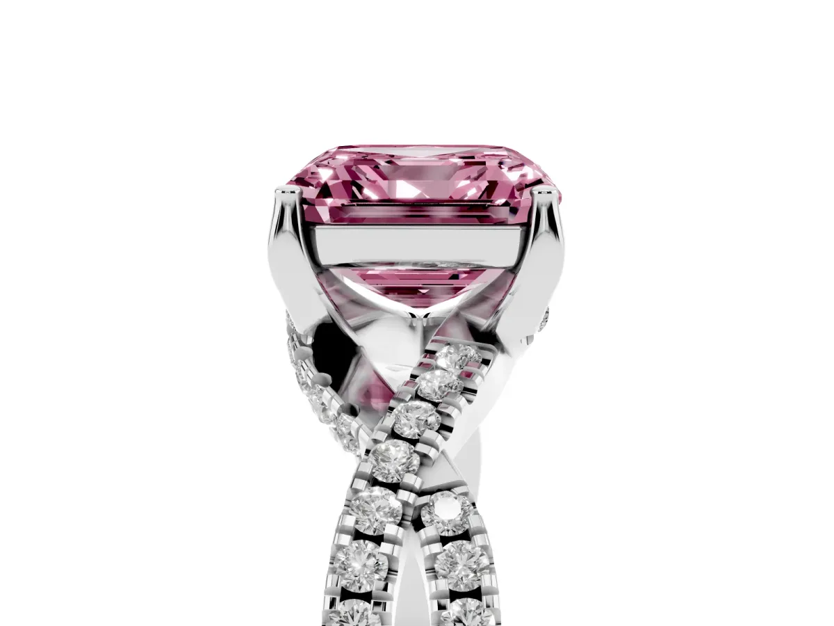 Fancy Pink Asscher Cut Solitaire Twist Pave Diamond Engagement Ring with Prong Setting Silver
