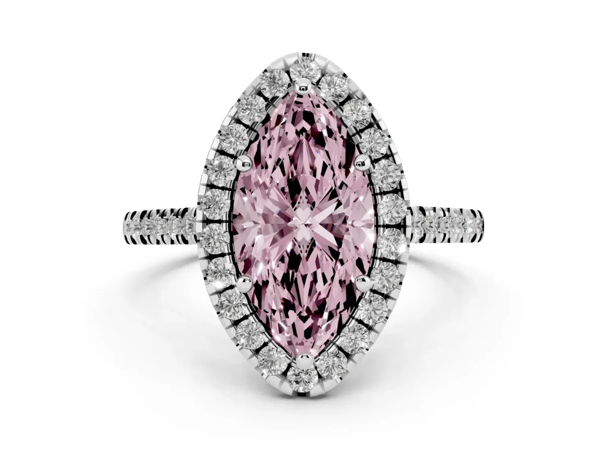Fancy Pink Marquise Cut Diamond Cushion Halo Ring with Pavé Band White gold