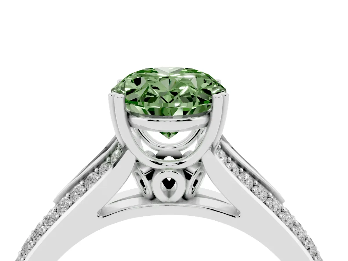 Fancy Green Oval Cut Diamond Split Shank Engagement Ring with Pavé Band Silver