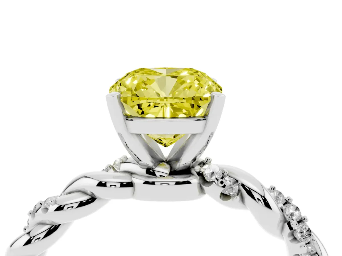 Fancy Yellow Cushion Cut Diamond Solitaire Ring with Twisted Band and Pavé Accents White gold